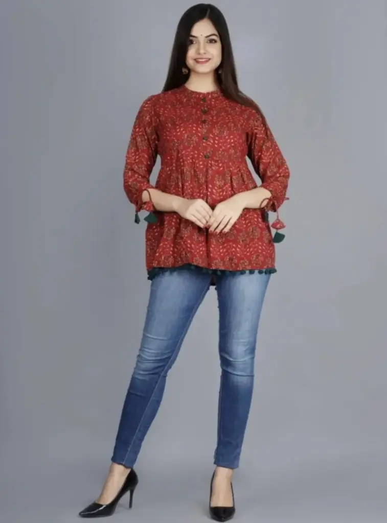 Beautiful Printed Top with Pumpum Lace work